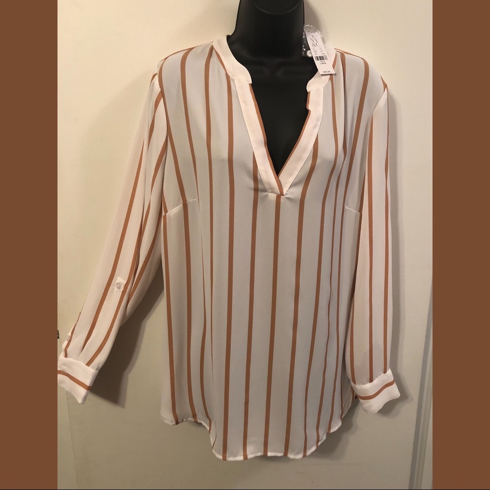 Beautiful V Neck Tan/White Mix Blouse